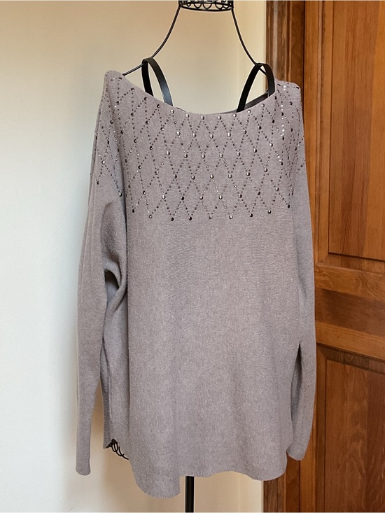 Vila Milano Sweaters - Villa Milano Embellished Taupe Off-the-Shoulder Sweater XL